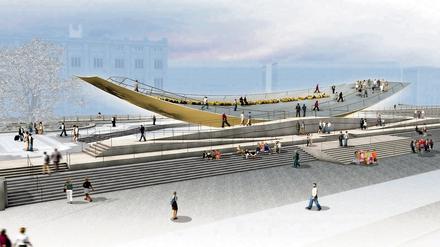 Und jetzt alle nach links! Das Einheitsdenkmal sollte sich neigen, wenn sich genügend Menschen auf einer Seite versammeln.