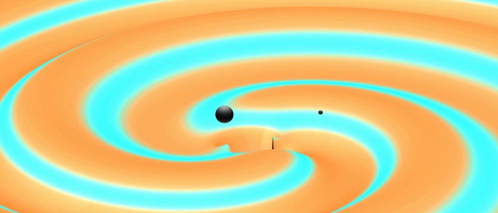 Wilder Tanz. Die Simulation zeigt, wie beim Verschmelzen zweier Schwarzer Löcher Gravitationswellen abgestrahlt werden.