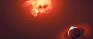 Tanz zweier Giganten. So stellt sich ein Künstler den „neugeborenen“ Stern V830 und seinen Begleiter vor.