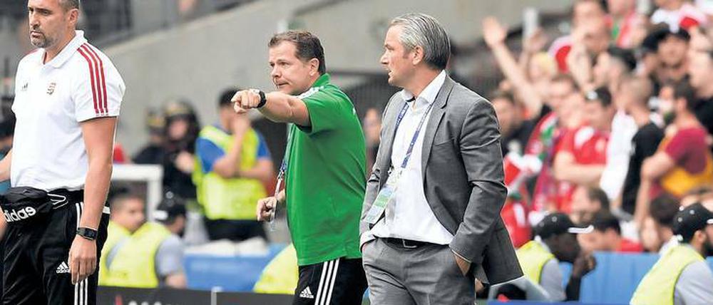 Deutsches Doppelpack. Bernd Storck und sein Assistent Andreas Möller (links) trainieren Ungarns Nationalteam.
