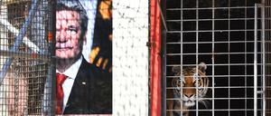 Vor dem Maxim Gorki Theater sollen Tiger in einer Kunstaktion angeblich "Flüchtlinge Fressen", wenn die Beförderung von Ausländern ohne Papiere nicht erlaubt wird.verbietet.