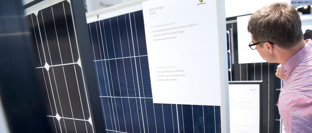 Ein Messebesucher schaut sich auf der Messe Intersolar in München Solarmodule an.