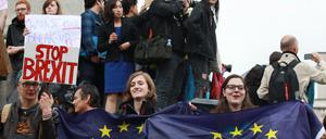 Mitten auf dem Trafalgar Square in London protestieren Engländer gegen den Brexit.