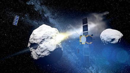 Aus der Bahn geschubst. Die Animation zeigt, wie eine Nasa-Sonde (DART) in den 170 Meter großen „Didymoon“ einschlägt. Eine europäische Sonde sowie kleinere Cubesats der AIM-Mission dokumentieren die Folgen. Dieses Wissen soll helfen, Missionen für den Ernstfall vorzubereiten. 