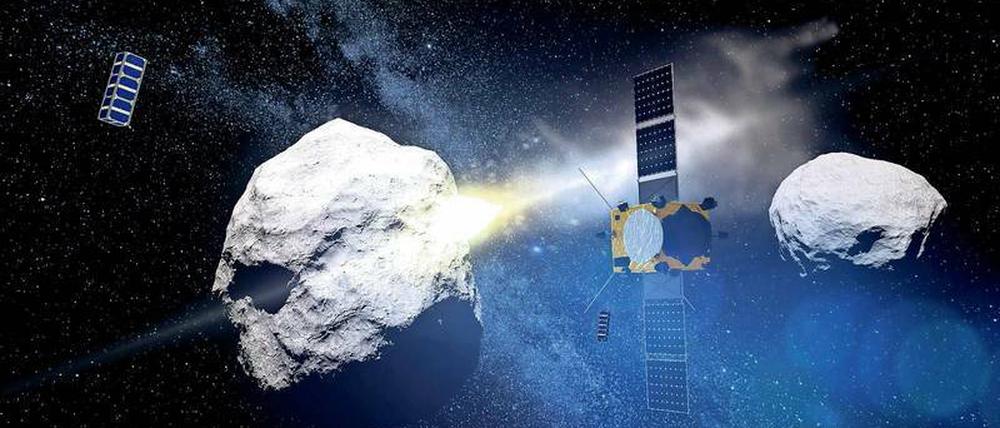 Aus der Bahn geschubst. Die Animation zeigt, wie eine Nasa-Sonde (DART) in den 170 Meter großen „Didymoon“ einschlägt. Eine europäische Sonde sowie kleinere Cubesats der AIM-Mission dokumentieren die Folgen. Dieses Wissen soll helfen, Missionen für den Ernstfall vorzubereiten.