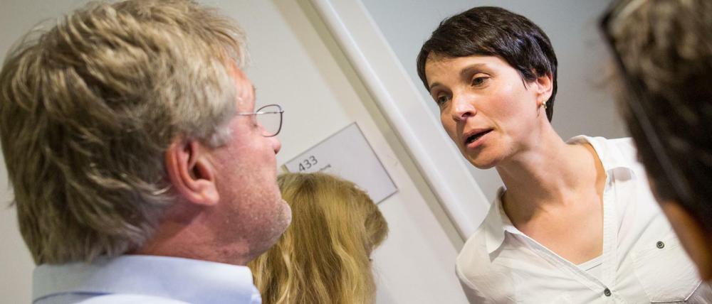 Der AfD-Fraktionsvorsitzende Jörg Meuthen (l) trifft in einem Landtagsgebäude in Stuttgart auf die AfD-Bundesvorsitzende Frauke Petry (r). 