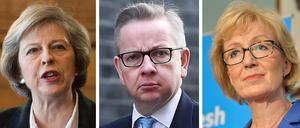 Die Bewerber für die Nachfolge des britischen Premierminister Cameron: Innenministerin Theresa May, der frühere Bildungs- und jetzige Justizminister Michael Gove und Energie-Staatssekretärin Andrea Leadsom. 