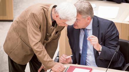 Jörg Meuthen (r), Fraktionschef der Alternative für Deutschland (AfD) in Baden-Württemberg, spricht mit Wolfgang Gedeon. 