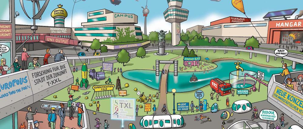 Experimentierfeld Tegel: Für die Komplettansicht des Wimmelbildes von Gerhard Seyfried bitte auf das Plus-Symbol klicken.