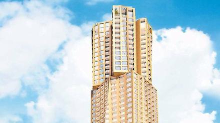 Der Altmeister der postmodernen Architektur, der über 80-jährige Frank Gehry, hat das Hochhaus entworfen. Ursprünglich sollte es als erstes von neun Türmen nach einem Masterplan von Hans Kollhoff entstehen.