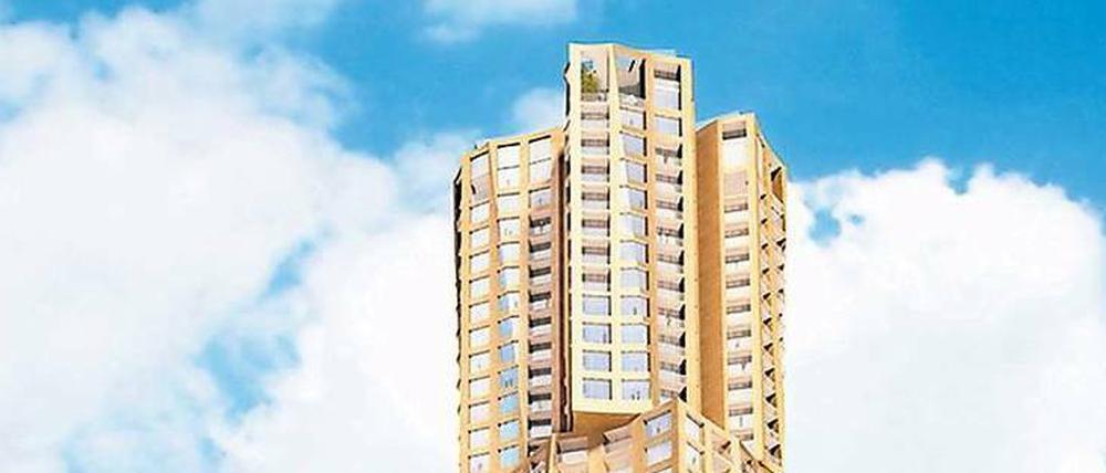 Der Altmeister der postmodernen Architektur, der über 80-jährige Frank Gehry, hat das Hochhaus entworfen. Ursprünglich sollte es als erstes von neun Türmen nach einem Masterplan von Hans Kollhoff entstehen.