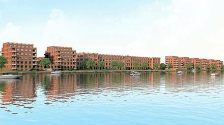 Industriearchitektur des 19. Jahrhunderts (das Bestandsgebäude in der Mitte) gepaart mit den modernen „Spindler Towers“ sollen die Wasserstadt Spindlersfeld zu etwas Besonderem machen. 