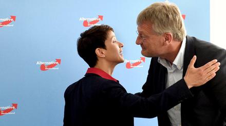 Frauke Petry und Jörg Meuthen begrüßen sich vor Beginn der Sitzung des AfD-Bundesvorstands.