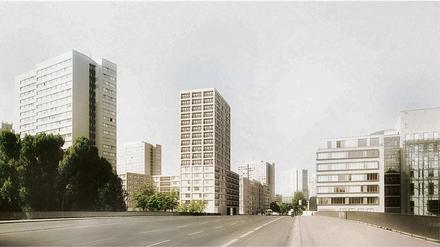 In der Mitte der umstrittene Entwurf für ein Hochhaus auf der Fischerinsel.