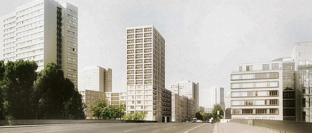 In der Mitte der umstrittene Entwurf für ein Hochhaus auf der Fischerinsel.