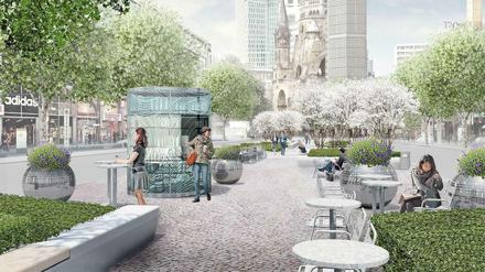 So stellen sich Planer des Büros „Lützow 7“ den grüneren Mittelstreifen der Tauentzienstraße mit zwei Gastronomie-Pavillons vor.