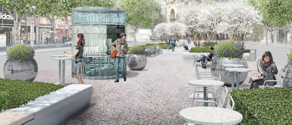 So stellen sich Planer des Büros „Lützow 7“ den grüneren Mittelstreifen der Tauentzienstraße mit zwei Gastronomie-Pavillons vor.