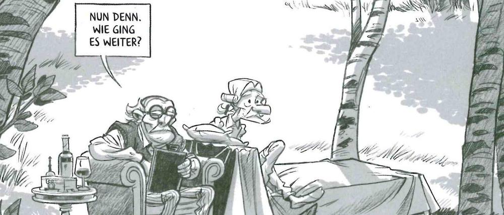 Therapeut und Patient: Freud mit Münchhausen auf der Couch in einer Szene aus dem Buch.