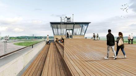 Die Dachterrasse am südwestlichen Gebäudeende verspricht einen spektakulären Blick übers Tempelhofer Feld.