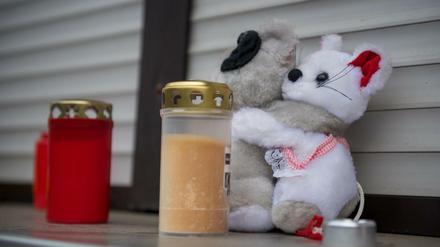 Auf dem Fensterbrett eines Hauses in Wallenfels (Bayern) sind am 14.11.2015 mehrere Kerzen und Kuscheltiere zu sehen. Die Polizei hatte in dem Haus die sterblichen Überreste von acht Säuglingen gefunden.
