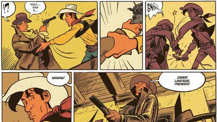 Als Fremder in Froggy Town. Eine Szene aus „Der Mann, der Lucky Luke erschoss“.
