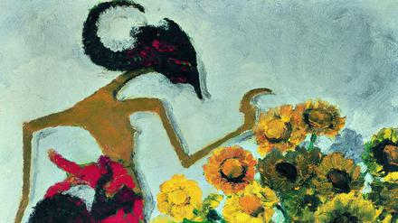 Nordische Kunst, asiatische Requisiten. Das Gemälde „Wajangfigur und Blumen“ von Emil Nolde aus dem Jahr 1928. 