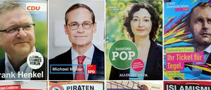 Die achtteilige Bildkombo zeigt Wahlplakate verschiedener Parteien in Berlin 18. September.