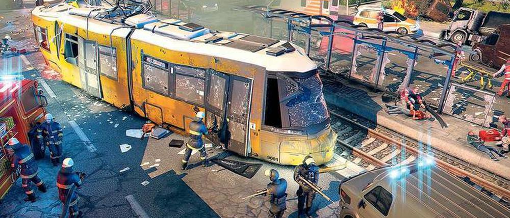 Wo zuerst helfen? Eine Szene aus dem Computerspiel „Emergency“ des Potsdamer Unternehmens Serious Games Solutions, in dem es zu einem Unfall mit einer Berliner Straßenbahn gekommen ist. Der Spieler schlüpft in die Rolle des Einsatzleiters. 
