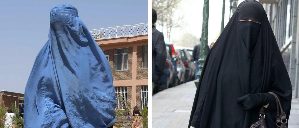 Das Verbot betrifft Trägerinnen von Burka (links) oder Nikab (rechts), aber auch vermummte Hooligans.