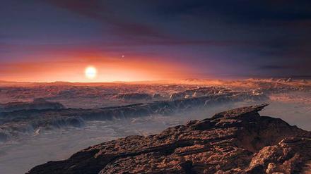 Ferne Welt. So stellt sich ein Künstler die Oberfläche des erdähnlichen Planeten vor, der die Zwergsonne Proxima Centauri umkreist. Abb.: ESO / M. Kornmesser