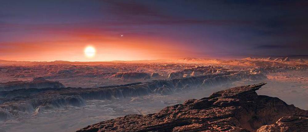 Ferne Welt. So stellt sich ein Künstler die Oberfläche des erdähnlichen Planeten vor, der die Zwergsonne Proxima Centauri umkreist. Abb.: ESO / M. Kornmesser