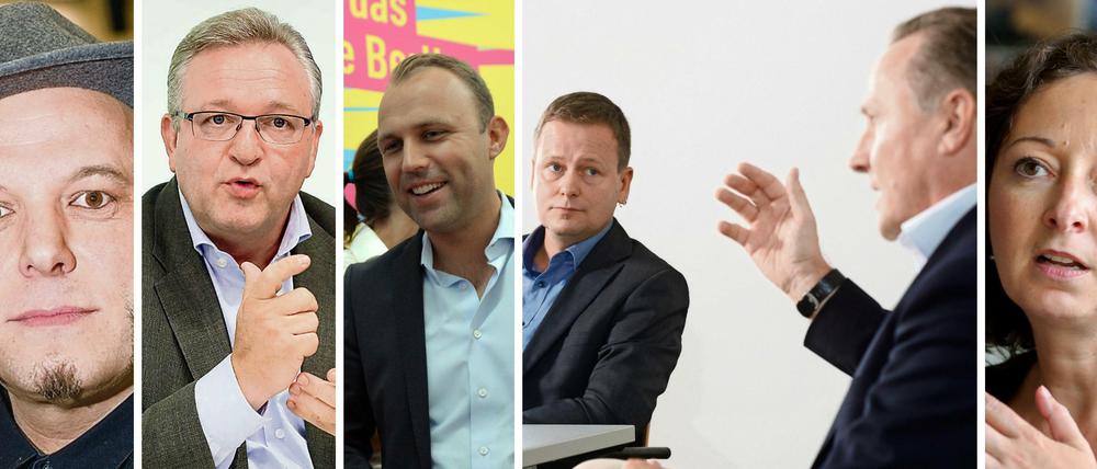Die Spitzenkandidaten, v.l.: Kramm, Henkel, Czaja, Lederer, Pazderski, Pop.