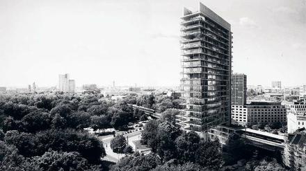 Schwebende Ebenen und ganz oben ein Restaurant mit Panoramabar und Dachgarten schlägt das Büro Chipperfield mit seinem Entwurf für einen 25 Stockwerke hohen Neubau am Tiergarten vor.