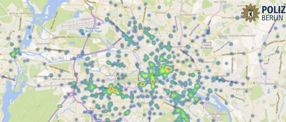 Je rötlicher, desto mehr Taschendiebstähle: die Orte, wo Berliner und Touristen Opfer wurden im August 2016.