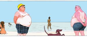 Schwitzen, Schweigen, Starren: Eine Seite aus „Rein in die Fluten!“.