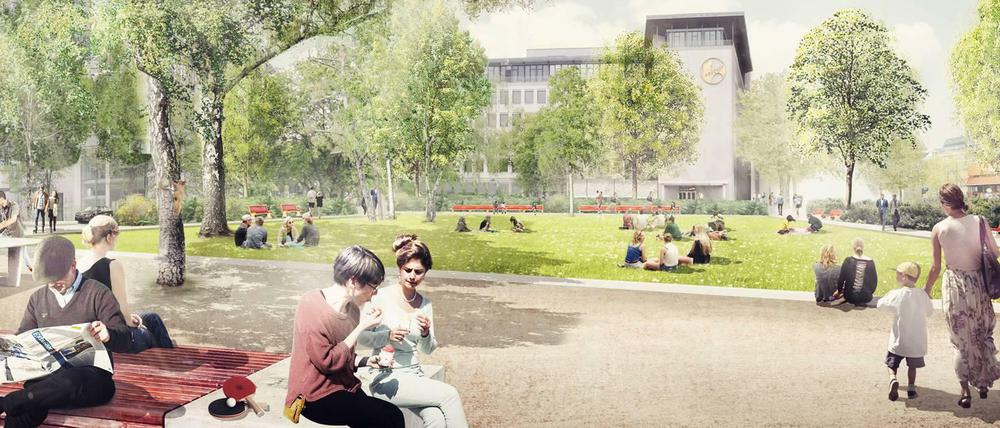 So stellen sich die TU-Studenten Leon Giseke, Lasse Malzahn und Lucas Rauch den umgestalteten Steinplatz vor.