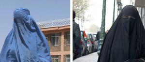 Da kann man schon mal durcheinanderkommen. Links eine Frau mit Burka, rechts eine Frau mit Nikab.