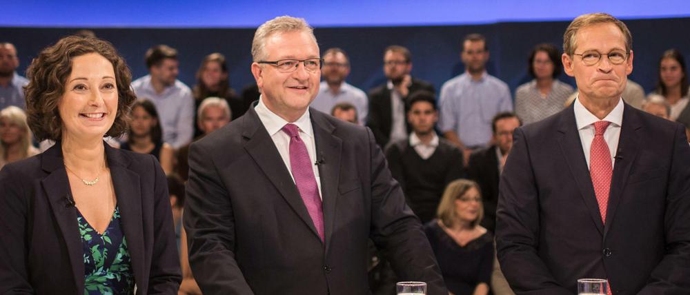 Die Spitzenkandidaten für die Berliner Abgeordnetenhauswahl Ramona Pop (l-r, Grüne), Frank Henkel (CDU) und Michael Müller (SPD).