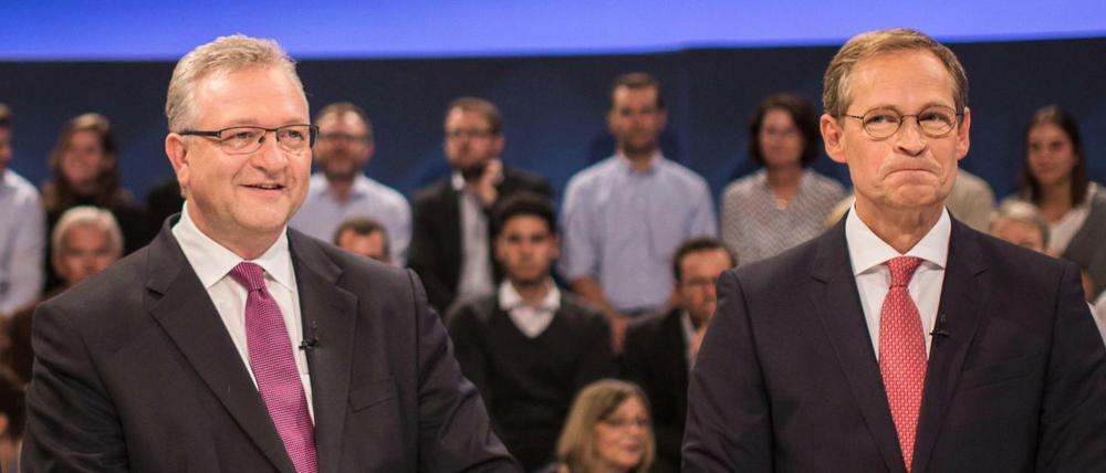 Da war doch neulich erst was? Richtig, beim rbb gab es auch schon eine Talkrunde mit Frank Henkel (l.) und Michael Müller (r.). Da durften aber die Spitzenkandidaten von Grünen, Linkspartei und AfD auch mitreden. 