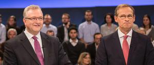Da war doch neulich erst was? Richtig, beim rbb gab es auch schon eine Talkrunde mit Frank Henkel (l.) und Michael Müller (r.). Da durften aber die Spitzenkandidaten von Grünen, Linkspartei und AfD auch mitreden. 