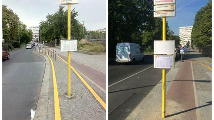 Das linke Foto zeigt den umgeleiteten Radweg, die Absperrung wenige Meter vorher ist auf der Aufnahme nicht zu sehen. Inzwischen wurden Bushaltestelle und Poller versetzt (rechts). 