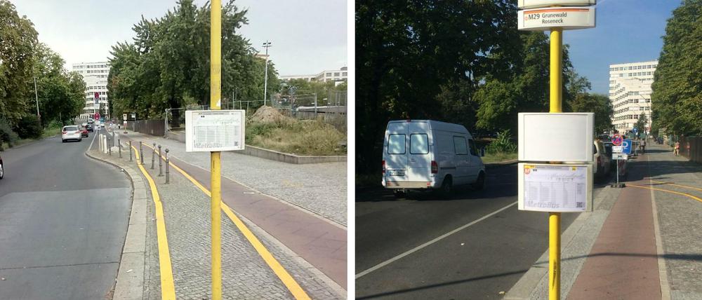 Das linke Foto zeigt den umgeleiteten Radweg, die Absperrung wenige Meter vorher ist auf der Aufnahme nicht zu sehen. Inzwischen wurden Bushaltestelle und Poller versetzt (rechts). 