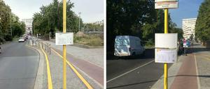 Das linke Foto zeigt den umgeleiteten Radweg, die Absperrung wenige Meter vorher ist auf der Aufnahme nicht zu sehen. Inzwischen wurden Bushaltestelle und Poller versetzt (rechts). 