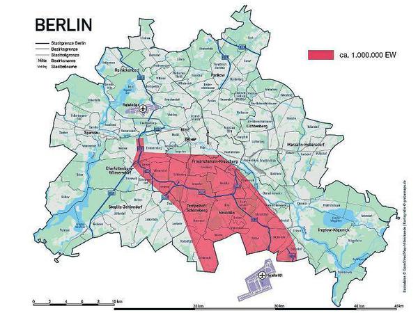 In den roten Gebieten dürfte nach der BER- Eröffnung der Verkehr besonders zunehmen.