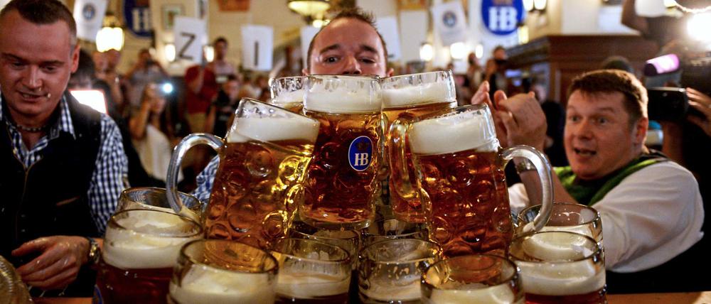Der Münchner Matthias Völkl (M) trägt am 12.09.2016 im Hofbräuhaus in München (Bayern) 29 Maßkrüge über einen 40 Meter langen Gang.