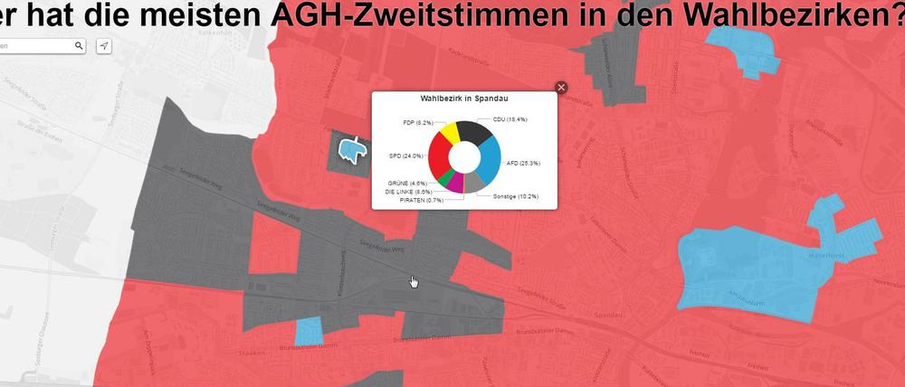 Der Spandauer Westen. Viel Rot, schwarzer Rand, blaue Inseln - ein Ausschnitt aus Spandau.