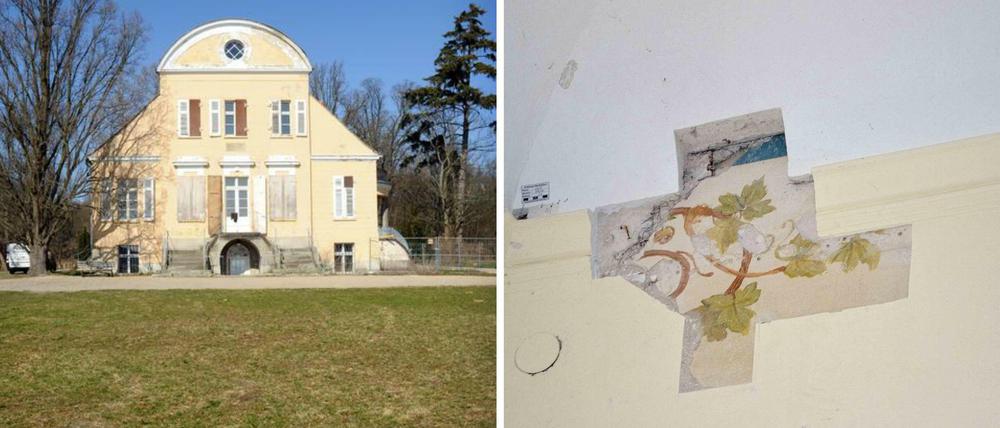 Links das alte Haus, das derzeit saniert wird; rechts die entdeckte Wandmalerei.