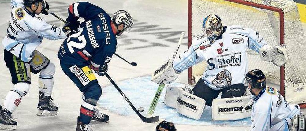 Erster Anlauf. In dieser Szene klärt Straubings Keeper Matt Climie gegen Barry Tallackson von den Eisbären. Später musste Climie fünf mal hinter sich greifen. Foto: dpa/Jensen