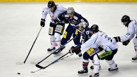 Viel los. Die Straubinger Tim Miller (l), Scott Timmins (r) und René Röthke (2.v.r.) kämpfen mit den Eisbären Nick Petersen (2.v.l.) und Jamie MacQueen um den Puck. 
