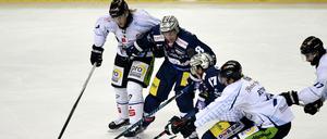 Viel los. Die Straubinger Tim Miller (l), Scott Timmins (r) und René Röthke (2.v.r.) kämpfen mit den Eisbären Nick Petersen (2.v.l.) und Jamie MacQueen um den Puck. 